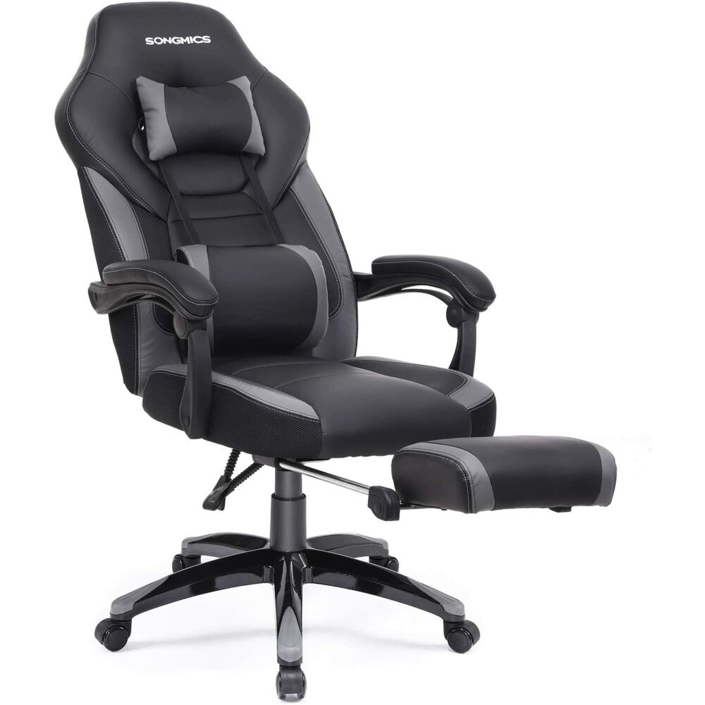 Gamer szék, irodai szék lábtartóval, állítható (fekete-szürke
