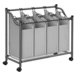 Szennyeskosár görgőkkel 4 x 35L, 4 kivehető táskával, szürke