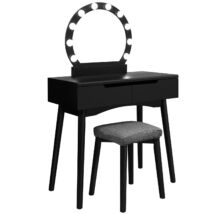 VASAGLE Fésülködő asztal készlet tükörrel és izzókkal, pipereasztal 2 nagy csúszó fiókkal és párnázott székkel, fekete RDT11BL