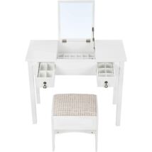 VASAGLE pipereasztal fésülködő asztal székkel, összecsukható tükrös fiókokkal, Fehér