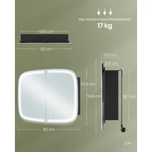 Tükörszekrény világítással, Fali szekrény,  AC csatlakozóval és 2 USB porttal, fekete