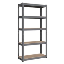 Ötszintes polcrendszer, acél polcrendszer tárolásra, csavarmentes összeszerelés, teherbírás 650 kg, 30 x 75 x 150 cm, szürke