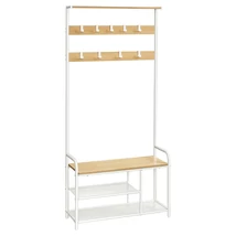 Kabáttartó állvány, előszobafal paddal és cipőtárolóval 30x85x180,5 cm, tölgy és fehér