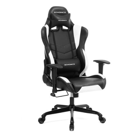 SONGMICS irodai szék, gamer szék magas háttámlával, formált hab, párnázott ülés, állítható párnákkal és ágyéki párnákkal, otthoni vagy irodai munkához (fekete-fehér) RCG12W