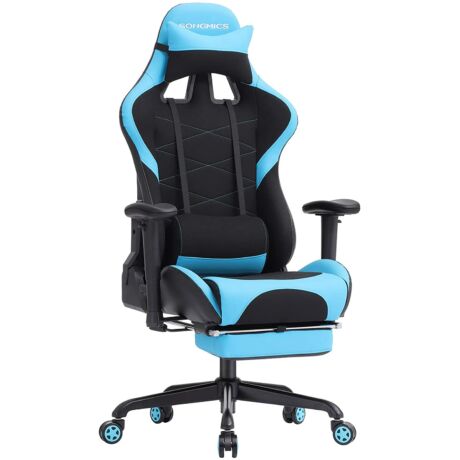 SONGMICS gamer szék lábtartóval, 150 kg, irodai szék, íróasztali szék, ágyéki párna, párna, magas háttámla, ergonomikus, acél, szintetikus bőr, lélegző hálós szövet, fekete-kék RCG52BU
