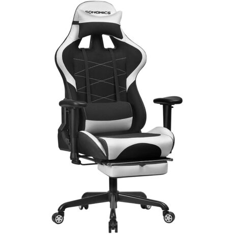 SONGMICS gamer szék lábtartóval, 150 kg, irodai szék, íróasztali szék, ágyéki párna, párna, magas háttámla, ergonomikus, acél, szintetikus bőr, lélegző hálós szövet, fekete-fehér RCG52BW