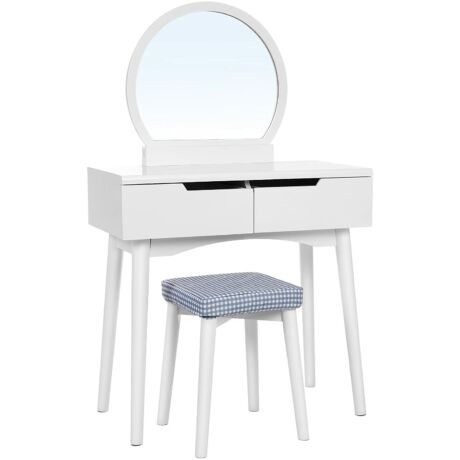 SONGMICS Fésülködő asztal készlet napraforgó kerek tükörrel 2 nagy csúszó fiókos pipereasztal párnázott szék fehér RDT11W