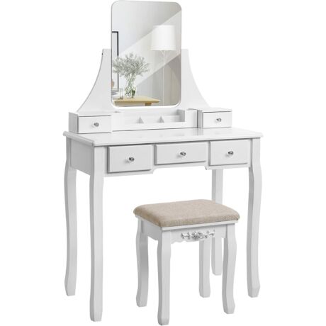 VASAGLE Fésülködő asztal keret nélküli tükörrel, kivehető rendszerezővel, gumi fa szék, 5 fiók, hálószobához, öltözőhöz, fehér RDT25WT