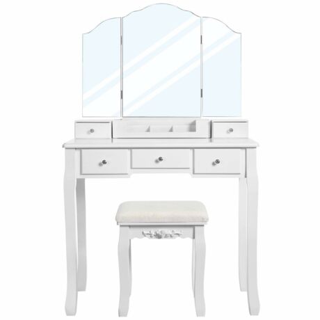 VASAGLE Fésülködő asztal 5 fiókkal, pipereasztal 1 székkel, keret nélküli háromhajtású tükör, 1 kivehető kozmetikai tárolódoboz, mosakodó szett, könnyen összeszerelhető, fehér RDT28WT