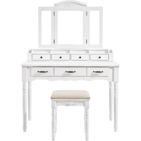 VASAGLE Fésüködő asztal 7 fiókkal, pipereasztal háromhajtású tükör horgokkal, 2 ecset és 4 nyitott rekesz, tömörfa lábak, párnázott szék, fehér RDT60WT