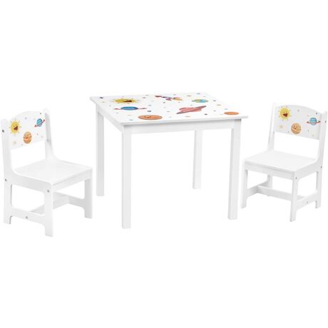 Gyermekasztal szett, 3 részes, fa asztal 2 székkel, fehér