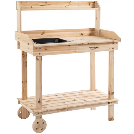 Ültetőasztal fiókkal, 2 szintes kertészasztal mosdókagylóval és kerekekkel 92x45x119 cm