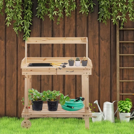 Ültetőasztal fiókkal, 2 szintes kertészasztal mosdókagylóval és kerekekkel 92x45x119 cm