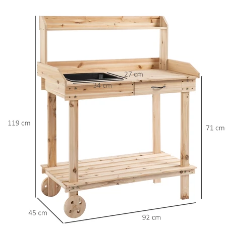 Ültetőasztal fiókkal, 2 szintes kertészasztal mosdókagylóval és kerekekkel 92x45x119 cm