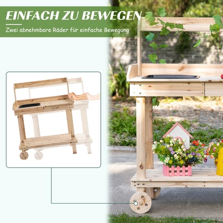Ültetőasztal fiókkal, 2 szintes kertészasztal mosdókagylóval és kerekekkel 92x45x119 cm
