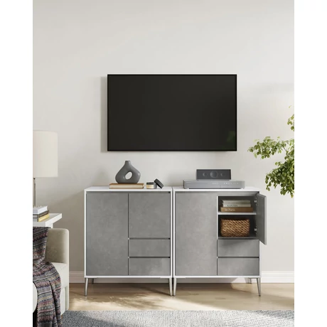 Tárolószekrény 2 fiókkal, 2 rekeszes ajtókkal és állítható magasságú polcokkal, modern, 40 x 70 x 85 cm, betonszürke