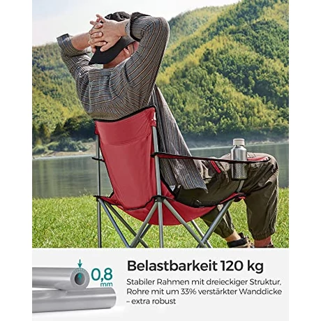 2 db összecsukható kempingszék, karfával és pohártartóval, stabil szerkezet, max. Teherbírás 120 kg, piros