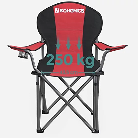 Összecsukható kempingszék, kényelmes szivacsüléssel, pohártartóval, maximális terhelhetőség 250 kg, piros
