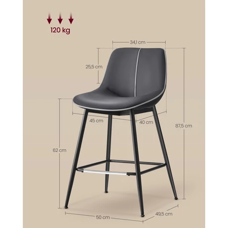 Bárszék 2 db-os szett ergonomikus háttámlával, ülésmagasság 62 cm, tintafekete
