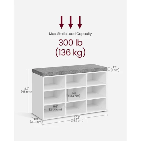 Cipőpad, Tárolópad párnázott üléssel, 9 rekesszel, fehér