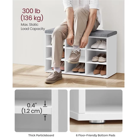 Cipőpad, Tárolópad párnázott üléssel, 9 rekesszel, fehér
