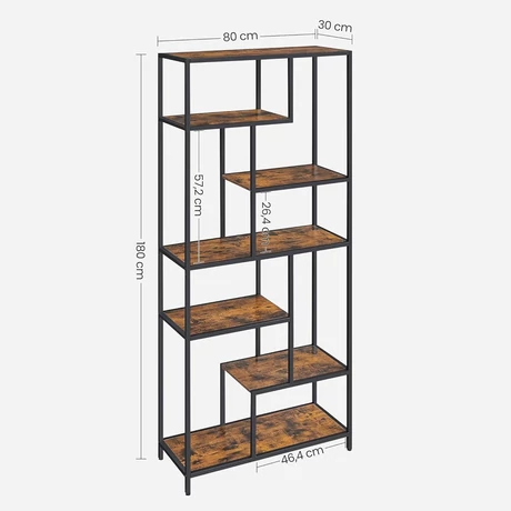 Könyvespolc, 6 szintes könyvespolc 30 x 80 x 180 cm, rusztikus barna és fekete
