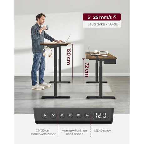 Állítható magasságú elektromos íróasztal konnektorral és fiókkal, 140 x 60 cm barna-fekete