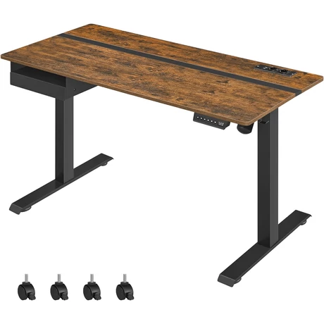 Állítható magasságú elektromos íróasztal konnektorral és fiókkal, 140 x 60 cm barna-fekete
