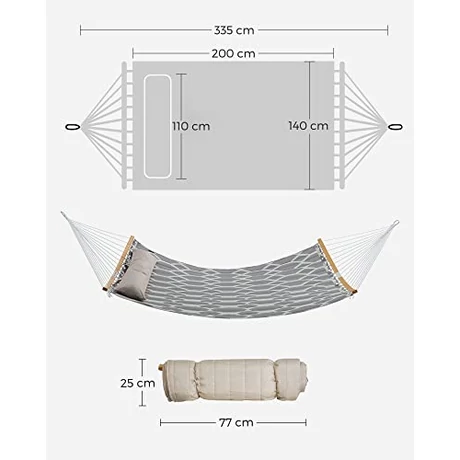Függőágy, steppelt szövet függőágy levehető ívelt bambusz terítőkkel, párna, 200 x 140 cm, szürke és bézs színű rombusz