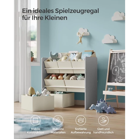 Gyerekszoba polc, játéktároló 7 textil tárolódobozzal 29,5 x 62,5 x 60 cm, galamb szürke