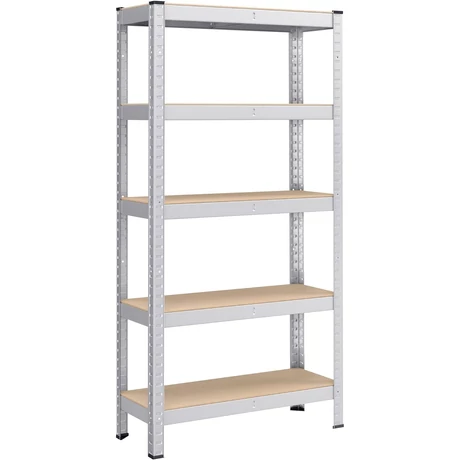 Ötszintes polcrendszer, acél polcrendszer tároláshoz, csavarmentes összeszerelés, teherbírás 650 kg, 30 x 75 x 150 cm, ezüst