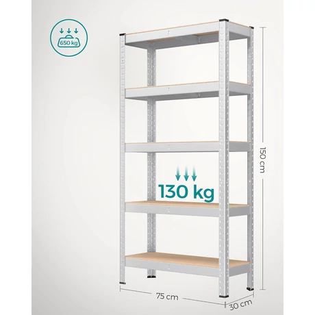 Ötszintes polcrendszer, acél polcrendszer tároláshoz, csavarmentes összeszerelés, teherbírás 650 kg, 30 x 75 x 150 cm, ezüst