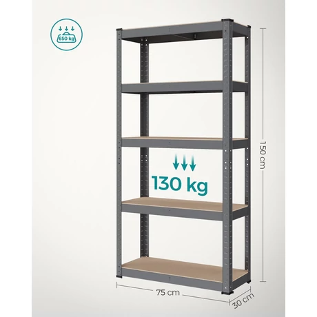 Ötszintes polcrendszer, acél polcrendszer tárolásra, csavarmentes összeszerelés, teherbírás 650 kg, 30 x 75 x 150 cm, szürke