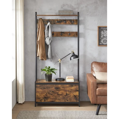 Fogas cipőtárolóval, előszobafal padokkal, 85x30x180cm, rusztikus barna és fekete