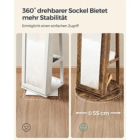 Ékszertároló állószekrény, teljes alakos tükörrel, 360°-ban forgatható, polcos, rusztikus barna