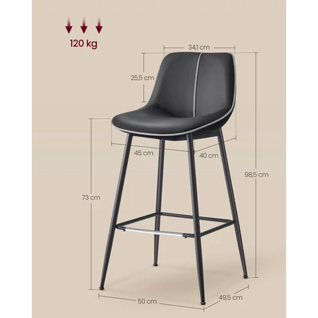 bárszékek 2 db-os szett, ergonomikus háttámlával, műbőr kárpitozással, 73 cm magas, tintafekete