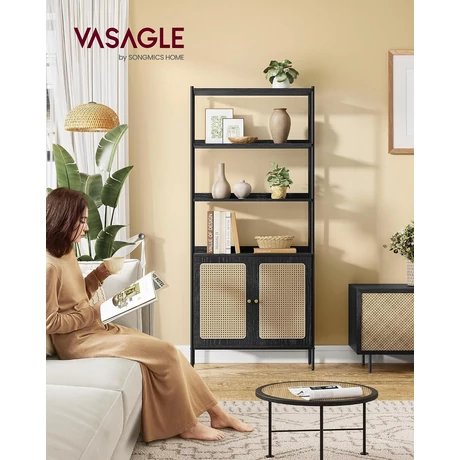6 szintes könyvespolc, magas állópolc rattanszerű ajtókkal, Boho stílus, fekete