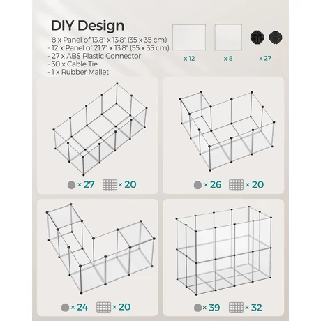 Kisállat járóka padlóval, DIY műanyag ketrec, fehér