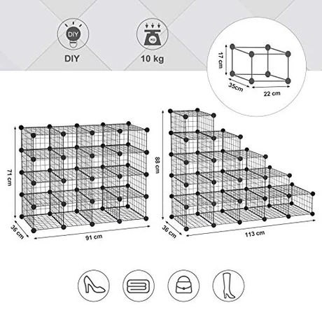 Cipőtartó, moduláris DIY tárolóegység, fémrácsos polcok, fekete