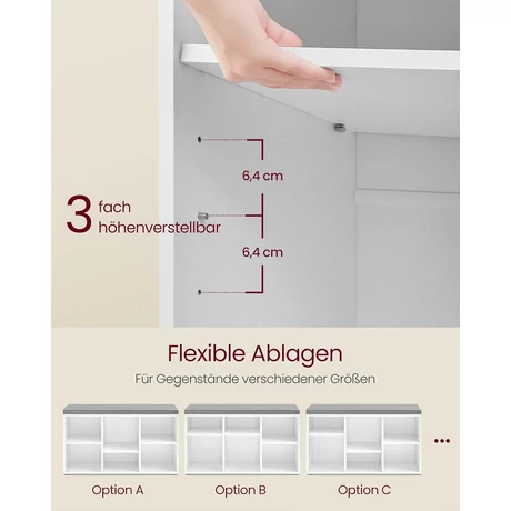 Cipőpad ülés cipőrendező 6 rekesszel és 3 állítható polccal 3 tárolódobozzal, fehér- szürke