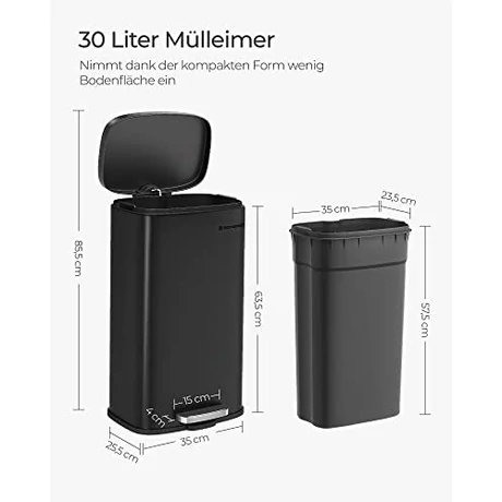 30 literes pedálos szemetes, acél, belső vödörrel, halk záródású fedéllel, fekete