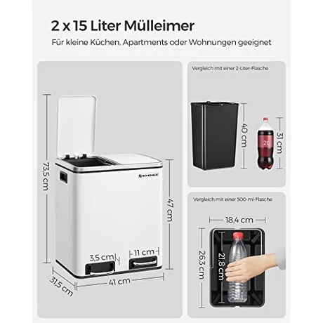 Konyhai szemetes, 2 x 15 literes acél szemetes, lépcsős szemetes belső vödrökkel és fogantyúkkal, puha záródással, szagszigeteléssel, fehér
