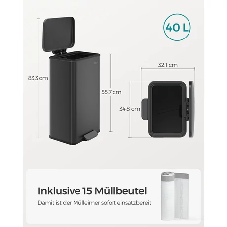 Konyhai szemetes 40L, nagy pedálos kuka fedéllel, 15 szemeteszsák mellékelve, fekete