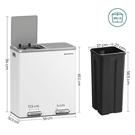 Szemetes,15 szemeteszsákkal, 2 rekesszel, műanyag belső vödrökkel és csukható fedelekkel, légmentesen záródó, fehér/ szürke