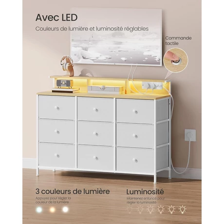 Komód 9 fiókkal és LED világítással, felhőfehér