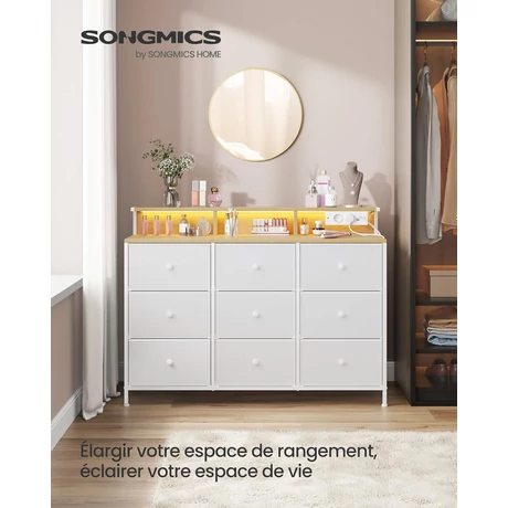Komód 9 fiókkal és LED világítással, felhőfehér