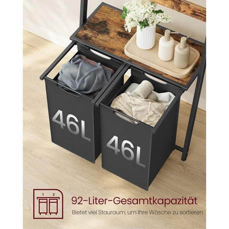 Szennyeskosár, 2 részes szennyestartó létrapolccal, 2 x 46 literes, rusztikus barna-outlet