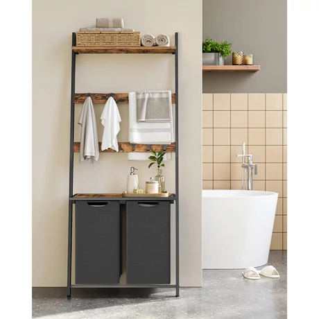 Szennyeskosár, 2 részes szennyestartó létrapolccal, 2 x 46 literes, rusztikus barna-outlet