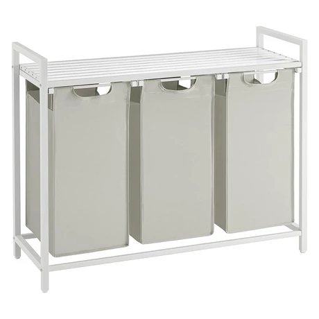 Szennyestartó, 3 rekeszes szennyeskosár fém kerettel, fehér-outlet