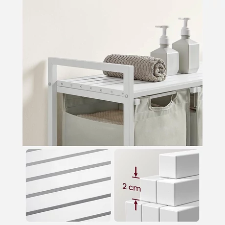 Szennyestartó, 3 rekeszes szennyeskosár fém kerettel, fehér-outlet